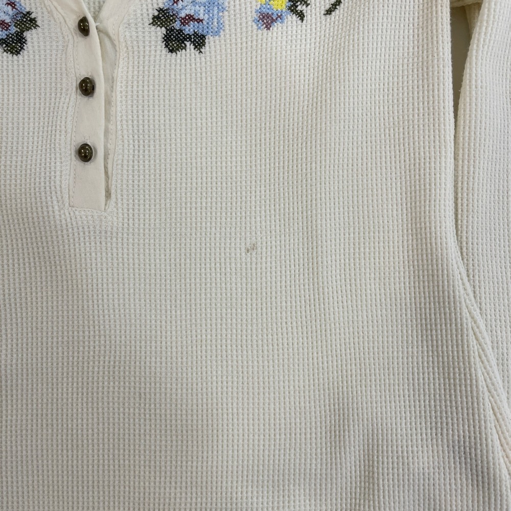 Pilcro Henley Top S Ivory Floral Embroidered Waffle Knit Thermal Cotton Blend - Picture 3 of 7
